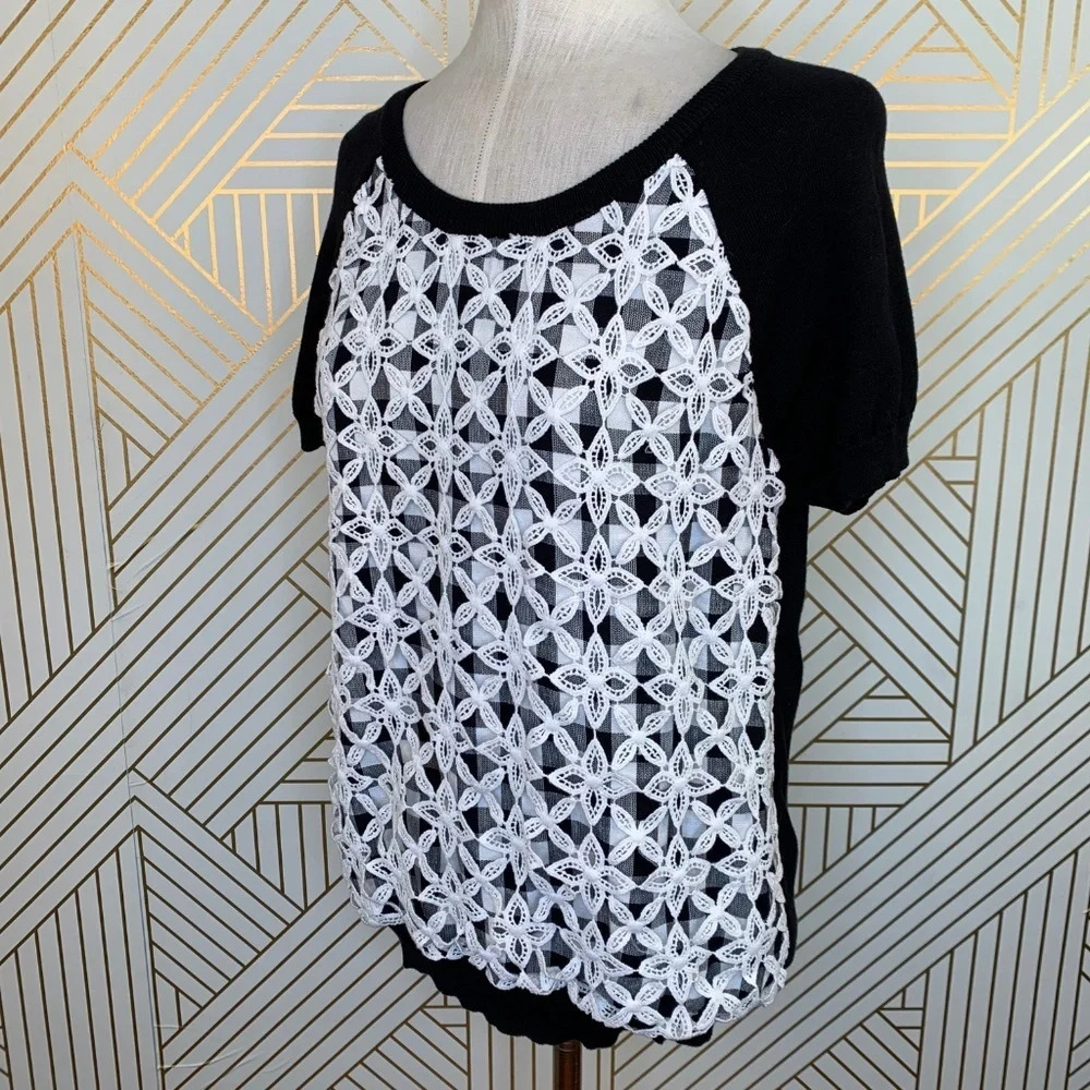 Anthropologie Moth Facade Sweater Short Sleeve Lace Gingham Black White Size XS - Picture 4 of 8
